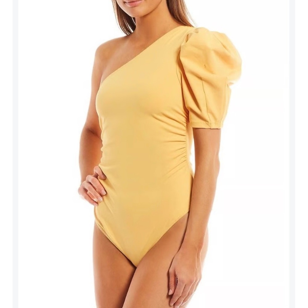Intimately Free People One Shoulder Puff Sleeve READ Yellow Ruched Thong XS